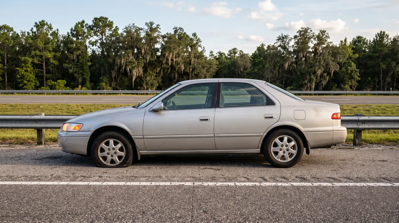 Silver sedan with a flat front tire stopped on a highway shoulder near Ocala, Florida, beside a guardrail and moss-draped oaks